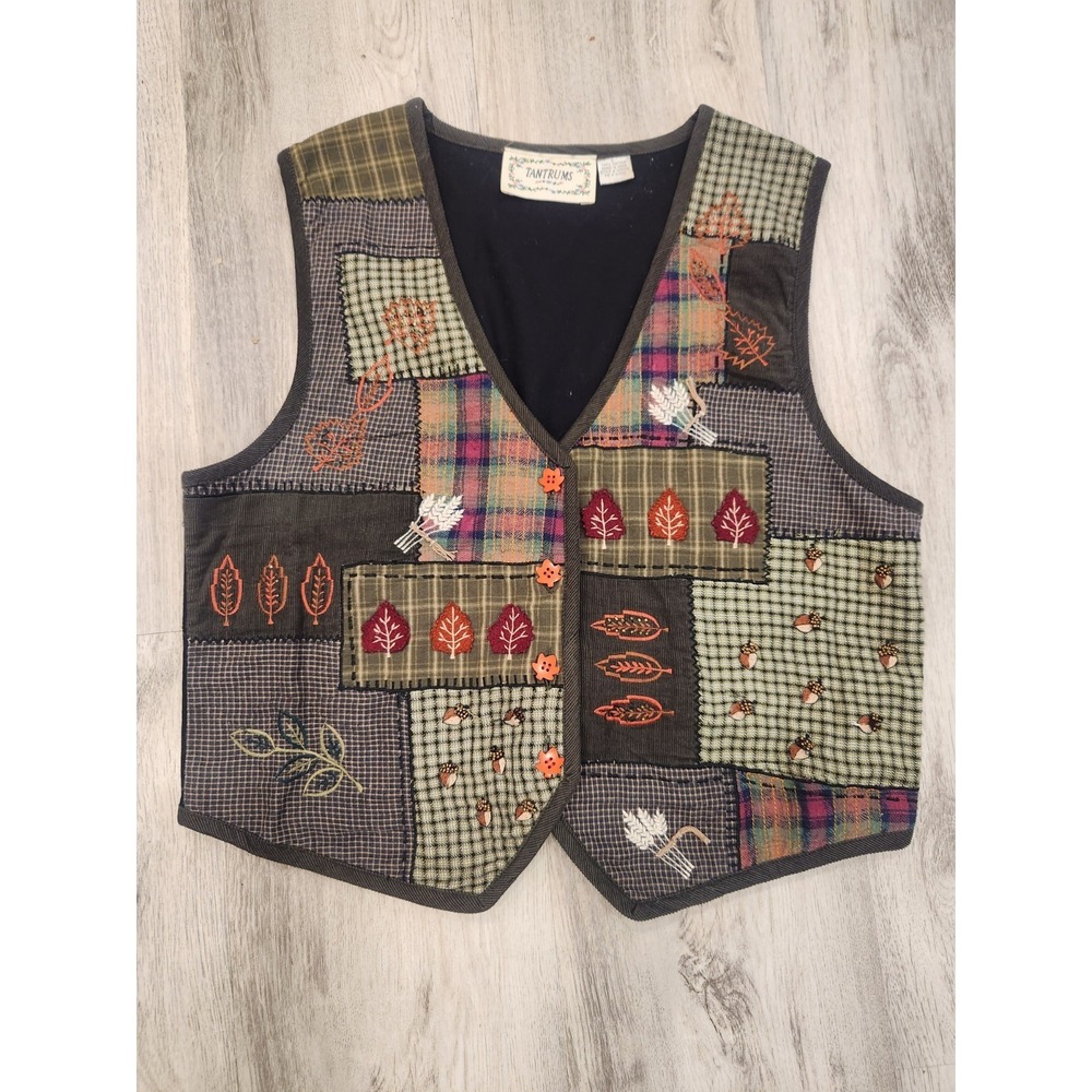 Vtg 90s Tantrums Fall Leaf Vest Embroidered Patchwork Grannycore Cottagecore Lg.